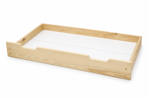 Jasna drewniana szuflada pod łóżko z białym dnem i wyciętymi uchwytami.