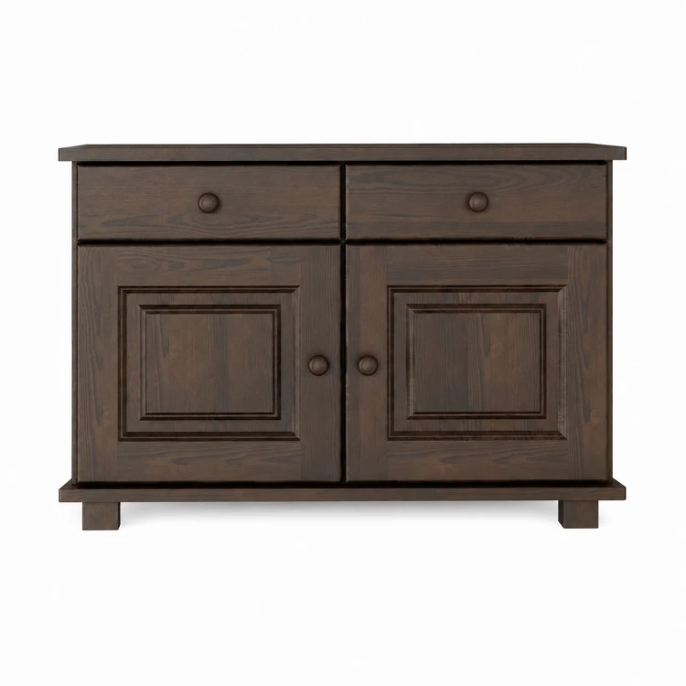Ciemnobrązowa komoda drewniana z dwiema szufladami i drzwiczkami, mebel retro.