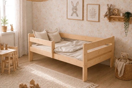 Aranżacja pokoju dziecięcego z drewnianym łóżkiem, małym stolikiem i krzesełkami w stylu boho.