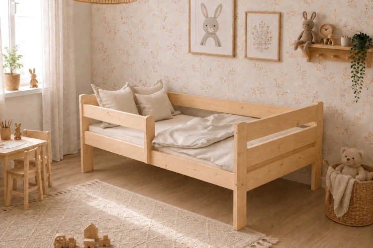 Aranżacja pokoju dziecięcego z drewnianym łóżkiem, małym stolikiem i krzesełkami w stylu boho.
