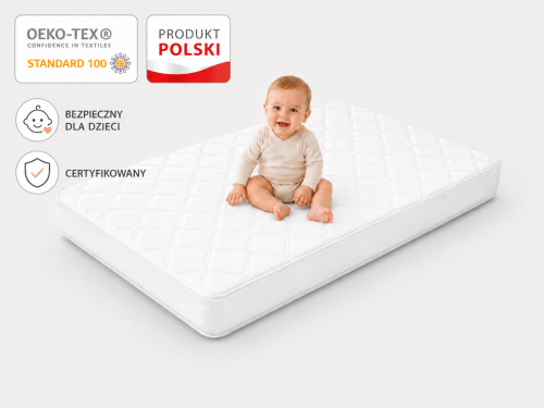 Certyfikowany, bezpieczny materac dla niemowląt, polska produkcja, wysoka jakość.