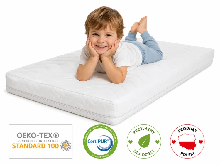 Materac dziecięcy z atestami Oeko-Tex i CertiPUR, bezpieczny produkt polski dla dziecka.