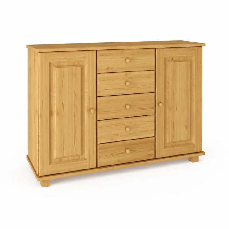 Szeroka komoda sosnowa z 5 szufladami i 2 szafkami, drewno lite