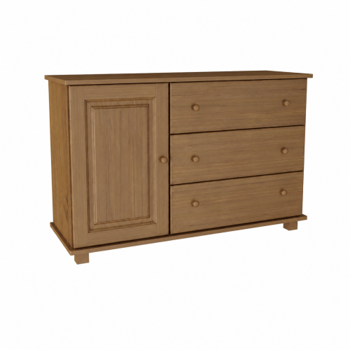 Drewniana komoda z szafką i trzema szufladami, klasyczny design.