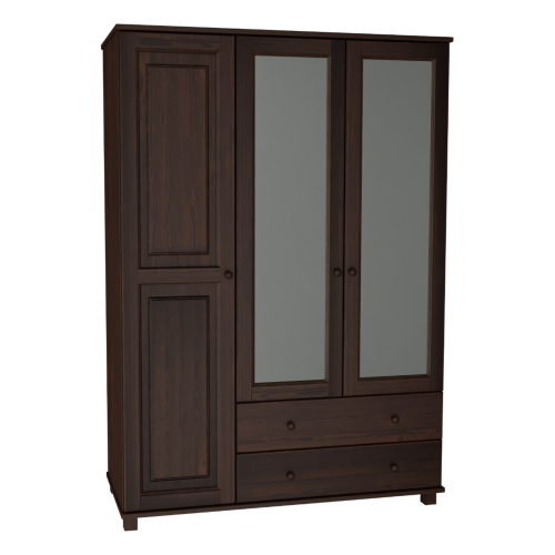 Elegancka szafa 3-drzwiowa z lustrem, ciemne drewno, dwie szuflady.