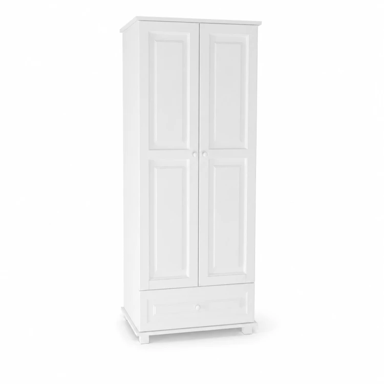 Elegancka biała szafa ubraniowa z dwiema drzwiami i dolną szufladą.