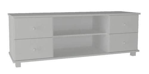 Biała niska szafka pod TV z szufladami do salonu.