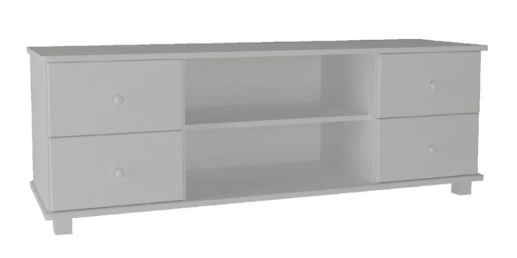Biała niska szafka pod TV z szufladami do salonu.