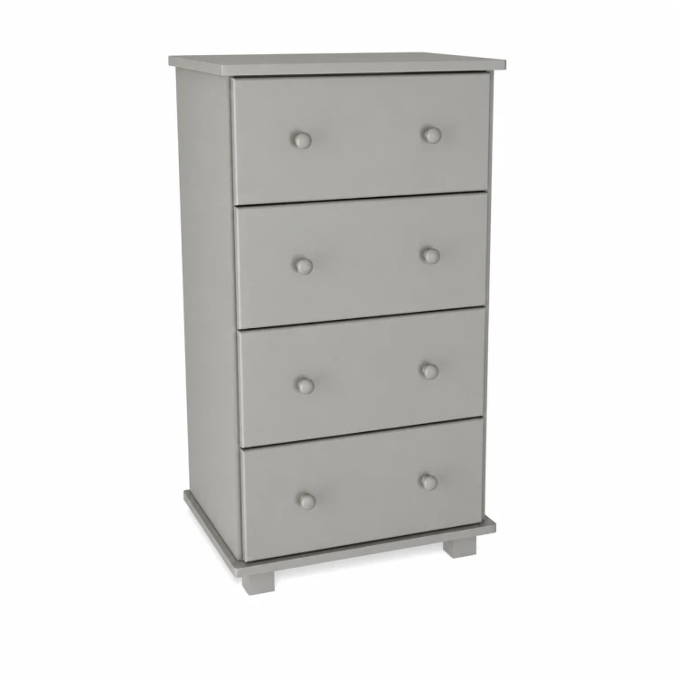 Szara komoda z 4 pojemnymi szufladami, nowoczesny design do pokoju.