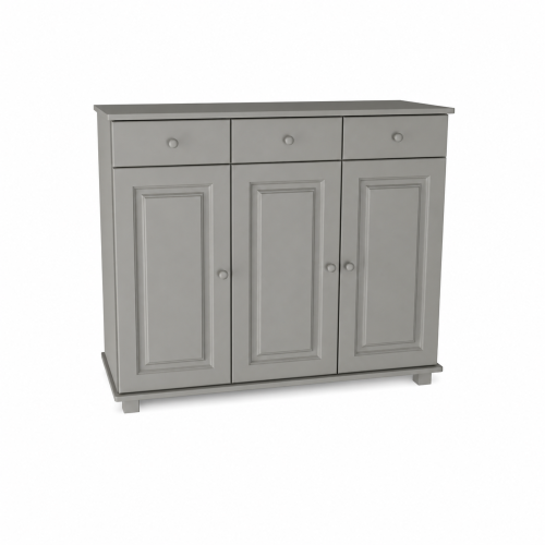 Szara komoda z 3 szufladami i 3 szafkami, elegancki mebel do salonu.