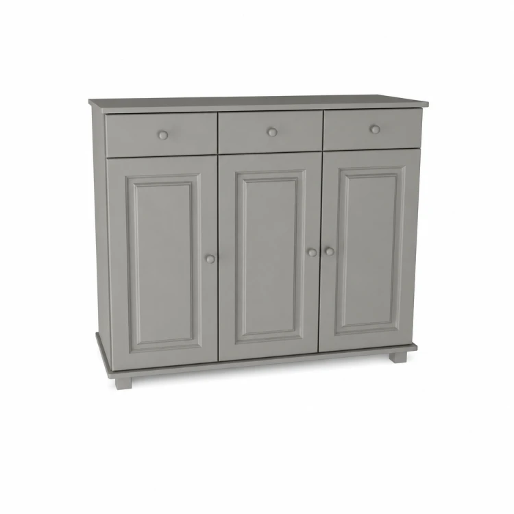 Szara komoda z 3 szufladami i 3 szafkami, elegancki mebel do salonu.