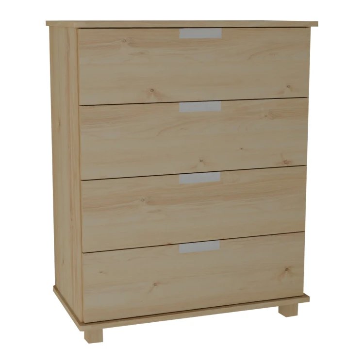 Jasna drewniana szafka z 4 szufladami, minimalistyczna komoda do przedpokoju.