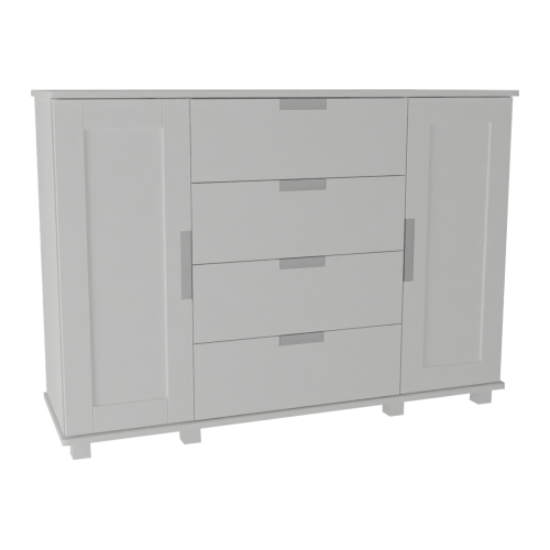 Pojemna biała komoda z drzwiczkami i szufladami, mebel w stylu minimalistycznym.