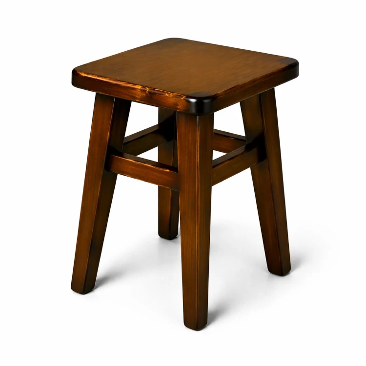 Ciemny taboret drewniany, kolor wenge lub orzech, widok z boku.