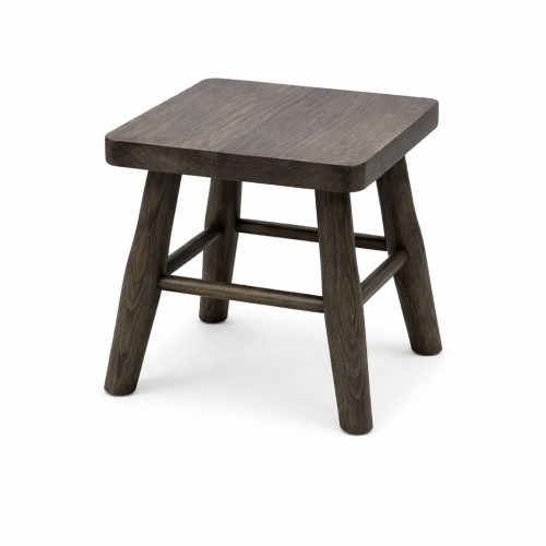 Stylowy ciemny taboret z drewna z kwadratowym blatem, ujęcie pod kątem.