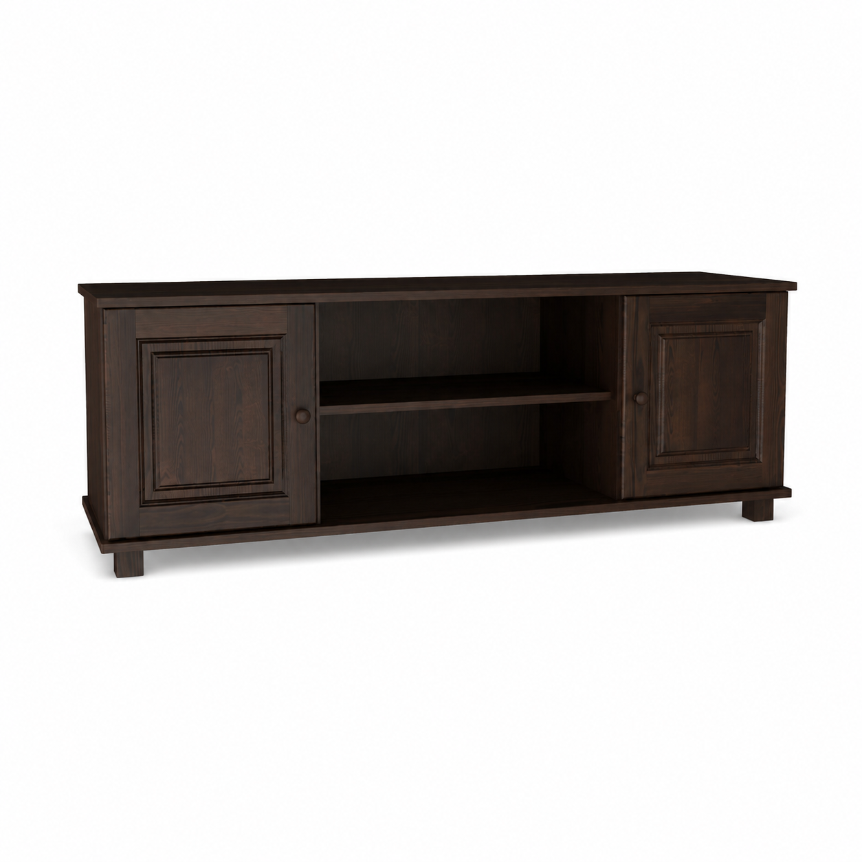 Drewniana szafka pod telewizor w klasycznym stylu, ciemny brąz.