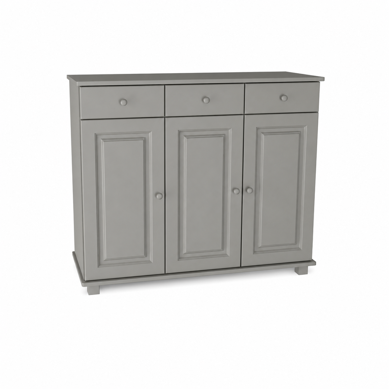 Szara komoda z 3 szufladami i 3 szafkami, elegancki mebel do salonu.